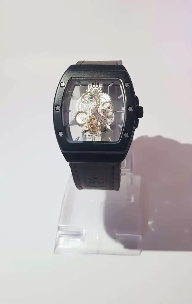 GJ Tonneau Skeleton Mechanical Watch – Black Matte Case & Leather Strap